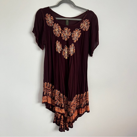 Sunflower Tops - Sunflower Boho Embroidered Brown Orange Sequin Tunic Top Free Size